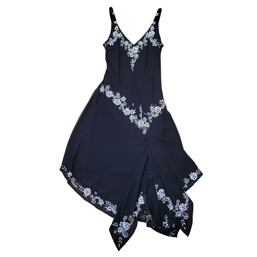 Babydoll 10 Slip Dress Black Floral Beaded Whimsigoth Fairy Coquette 90s Y2K